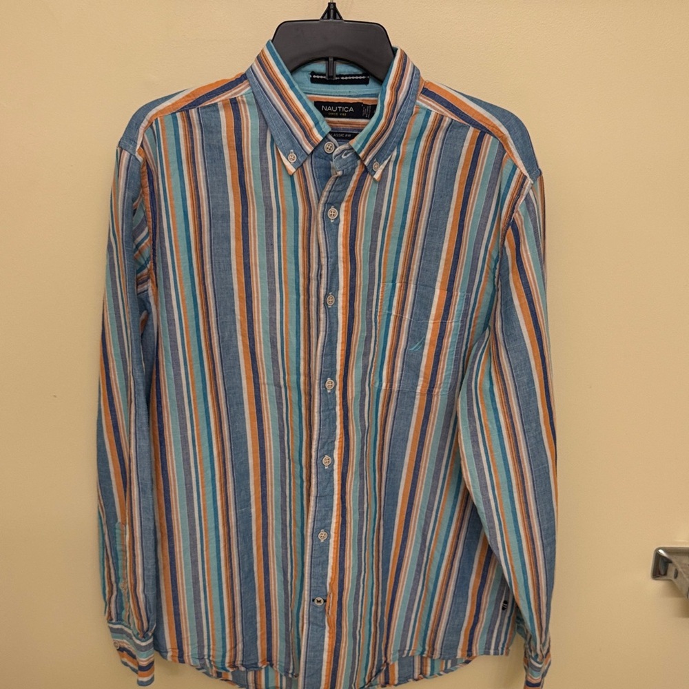 Nautica Men's Blue and Orange Striped Shirt